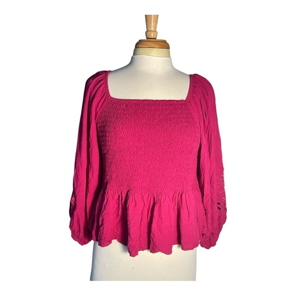 ARULA Fuchsia Smocked Blouse with Floral Cutout Sleeves